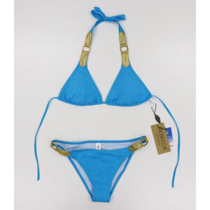 Rebbeca Mythos NWT NEW Blue and Gold Designer Bikini Size L